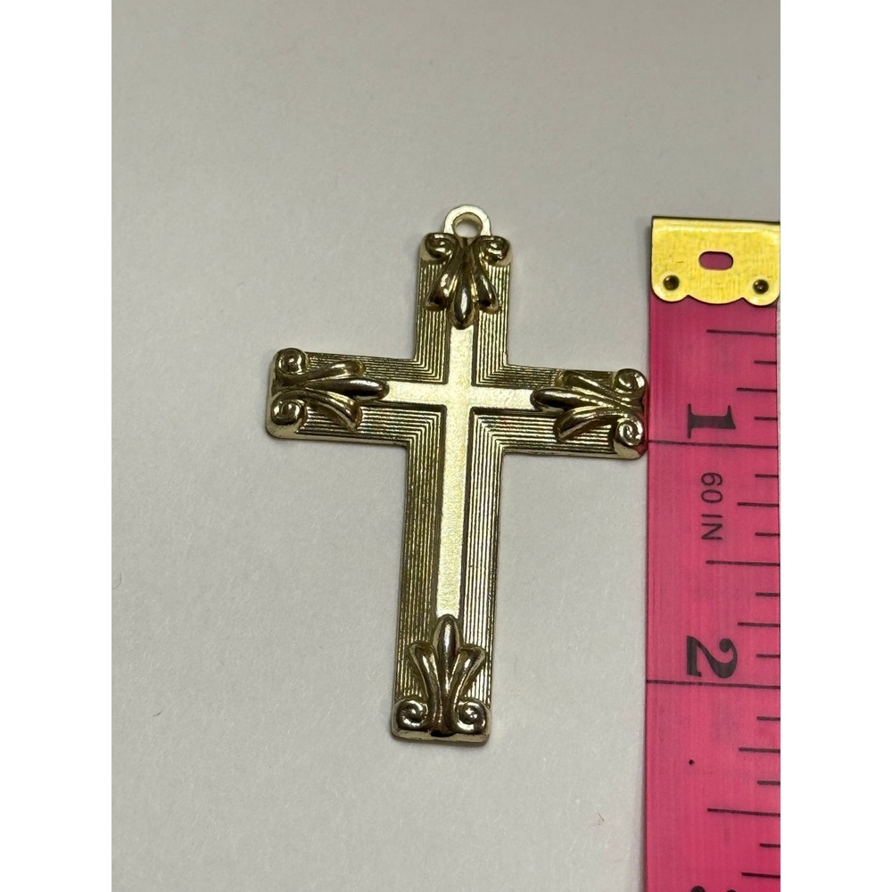 Gold Tone Fleur-de-lis Cross Pendant Faith Grace Engraved Religious Jewelry